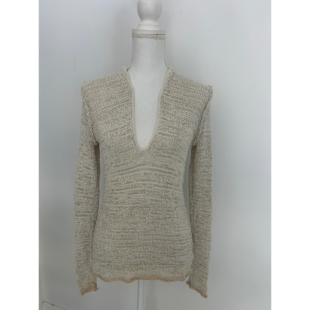 White House Black Market Oatmeal Beige Open Knit V-Neck Sweater XS Cotton Blend